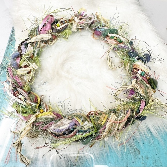 Green Pink Woven Fiber Beaded Necklace Textile Fiber Art Seed Beads Statement - Picture 4 of 12